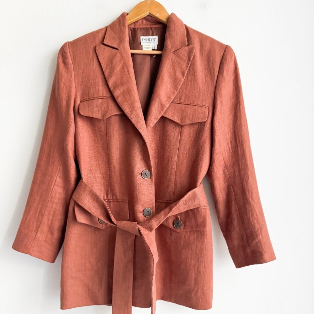 Ports International Holt Renfrew Linen Safari Blazer Bronze Belted 6 - Picture 2 of 5